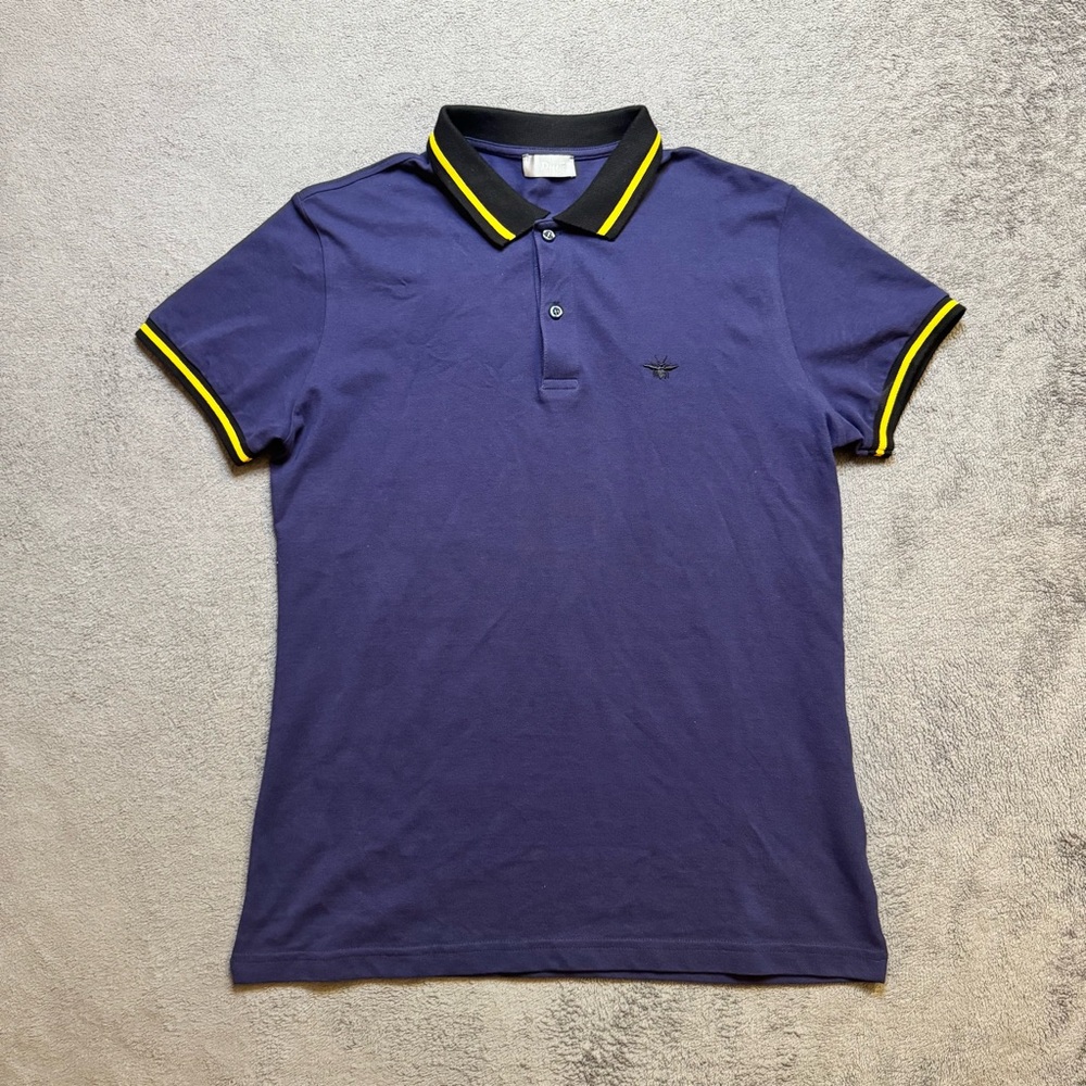 DIOR Luxury Men's Navy Blue Cotton Bee Logo Short Sleeve Polo Shirt Size Medium